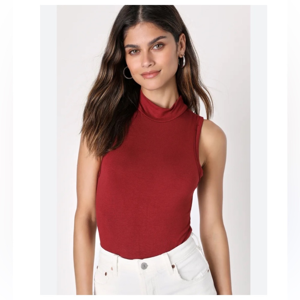 Lulus Bodysuit Large Burgundy Sleeveless Mock Neck Womens New Casual Summer